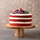 A red and white layered cake topped with berries on a wooden cake stand