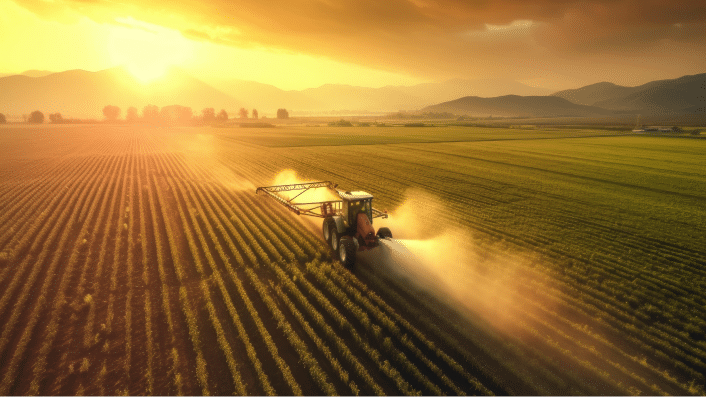 A tractor goes through a large field watering the crops with a beautiful sunset happening in the distance.